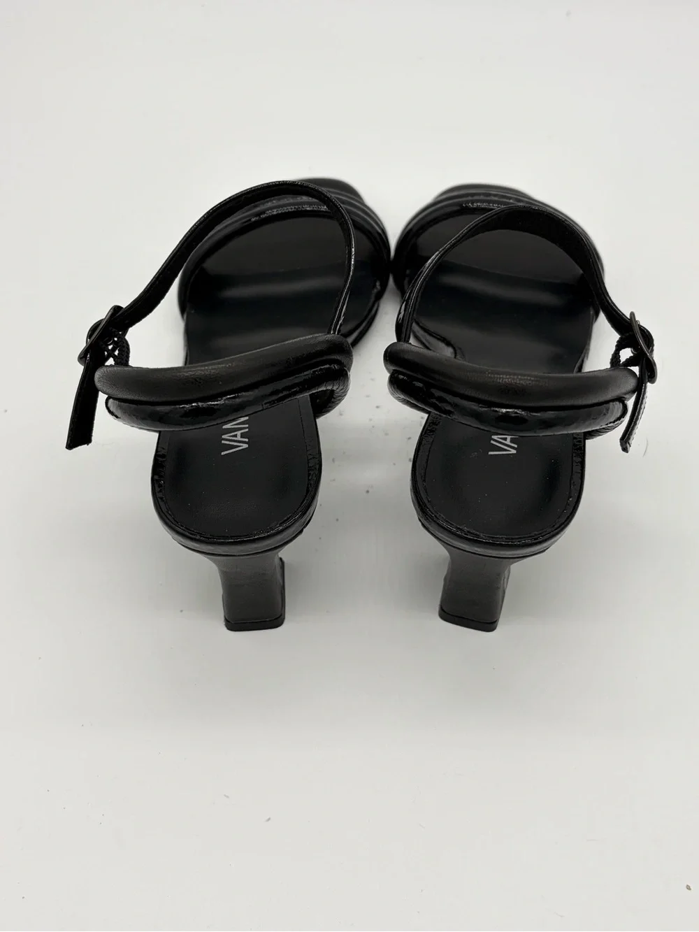 Vaneli Black Twisted Strap Mid-Heel Sandals